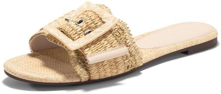 Coutgo Womens Flat Sandals Raffia Slip On Slide Sandal Square Open Toe Buckle Summer Beach Shoes ... | Amazon (US)