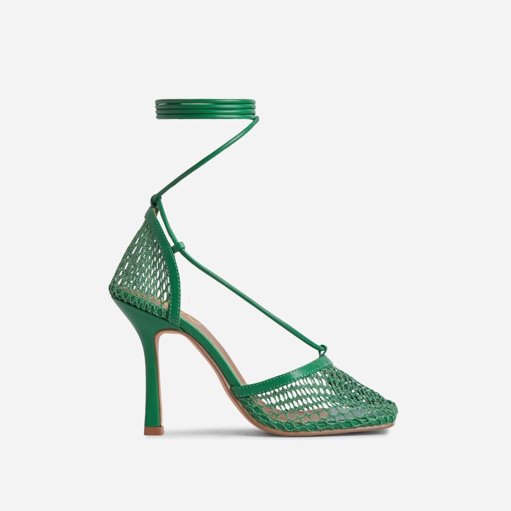 New-Me Lace Up Square Toe Court Heel In Green Fishnet | EGO Shoes (US & Canada)