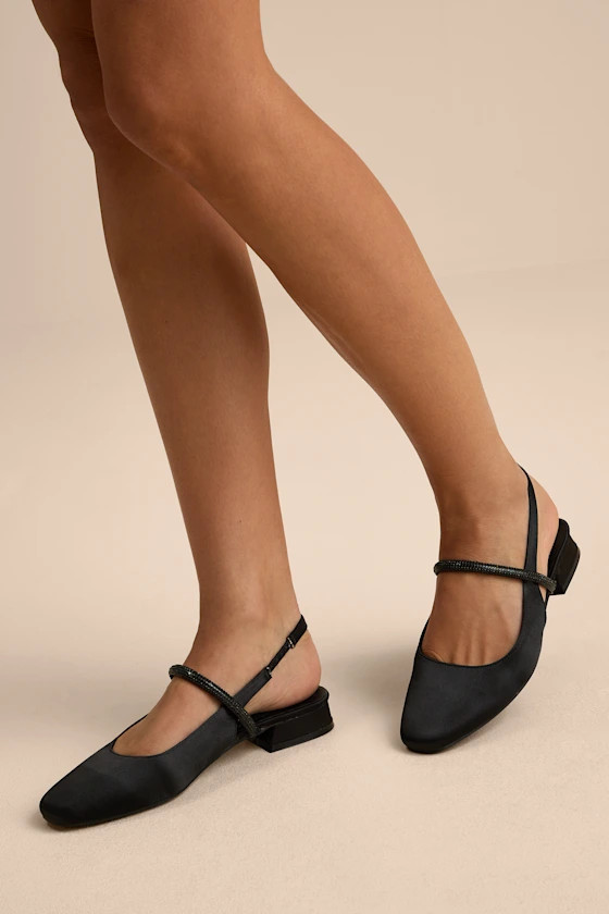 Clea Black Satin Rhinestone Slingback Flats | Lulus