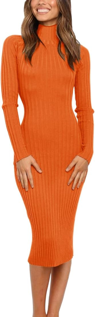 MEROKEETY Women's Ribbed Long Sleeve Sweater Dress High Neck Slim Fit Knitted Midi Dress | Amazon (US)