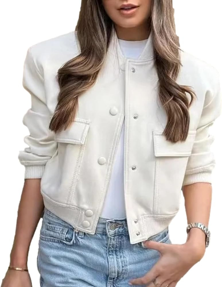 Bozanly Women's Stand Collar Button Down Cropped Shacket Jacket Solid Color Varsity Bomber Jacket... | Amazon (US)