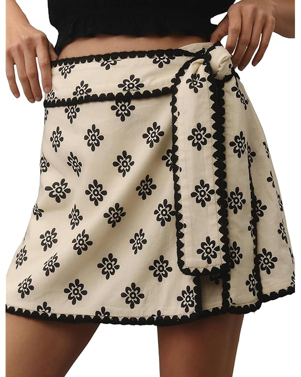 Majdan Womens Wrap Skort Casual Boho Mini Skirts Elastic Waist Relaxed Short Skirt with Belt | Amazon (US)