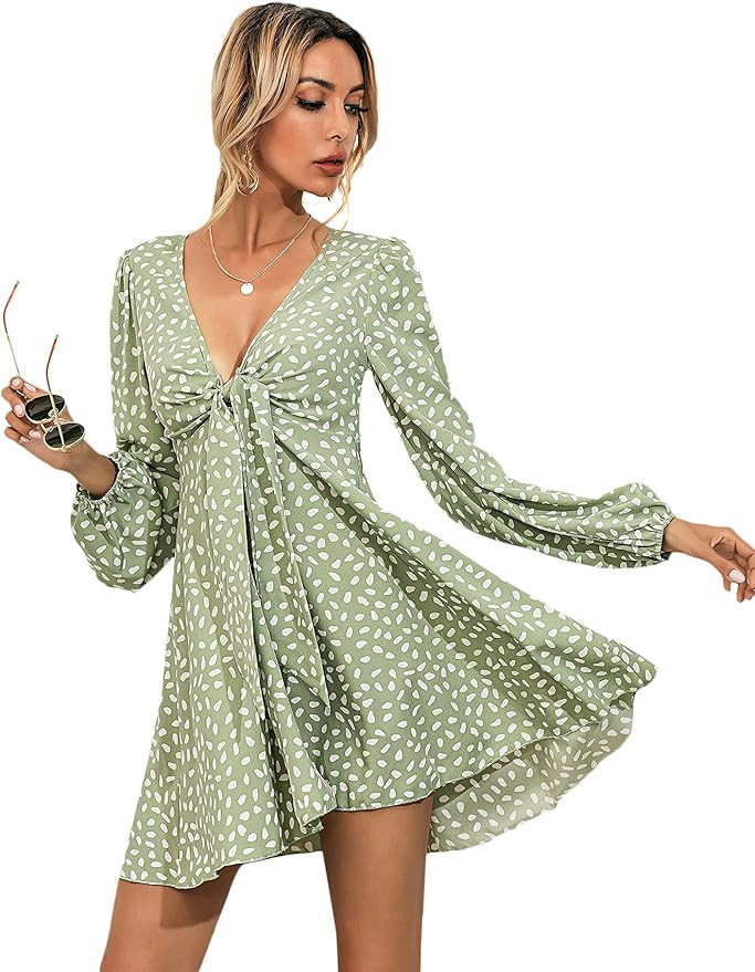 SweatyRocks Women's Boho Long Sleeve Knot Front V Neck Swing A Line Mini Dress | Amazon (US)