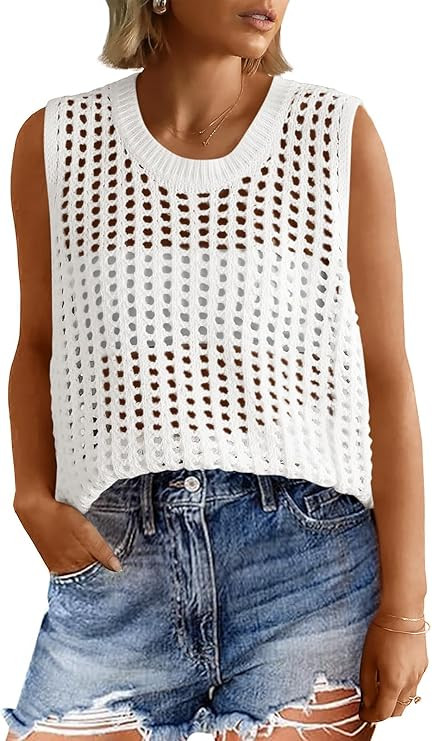 Fisoew Womens Summer Crochet Tank Tops Sleeveless Crew Neck Loose Mesh Knit Vest 2025 Trendy Sexy... | Amazon (US)