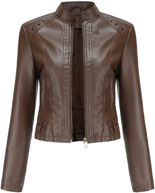 Women Spring Autumn Black Faux Leather Jackets Zipper | Amazon (US)