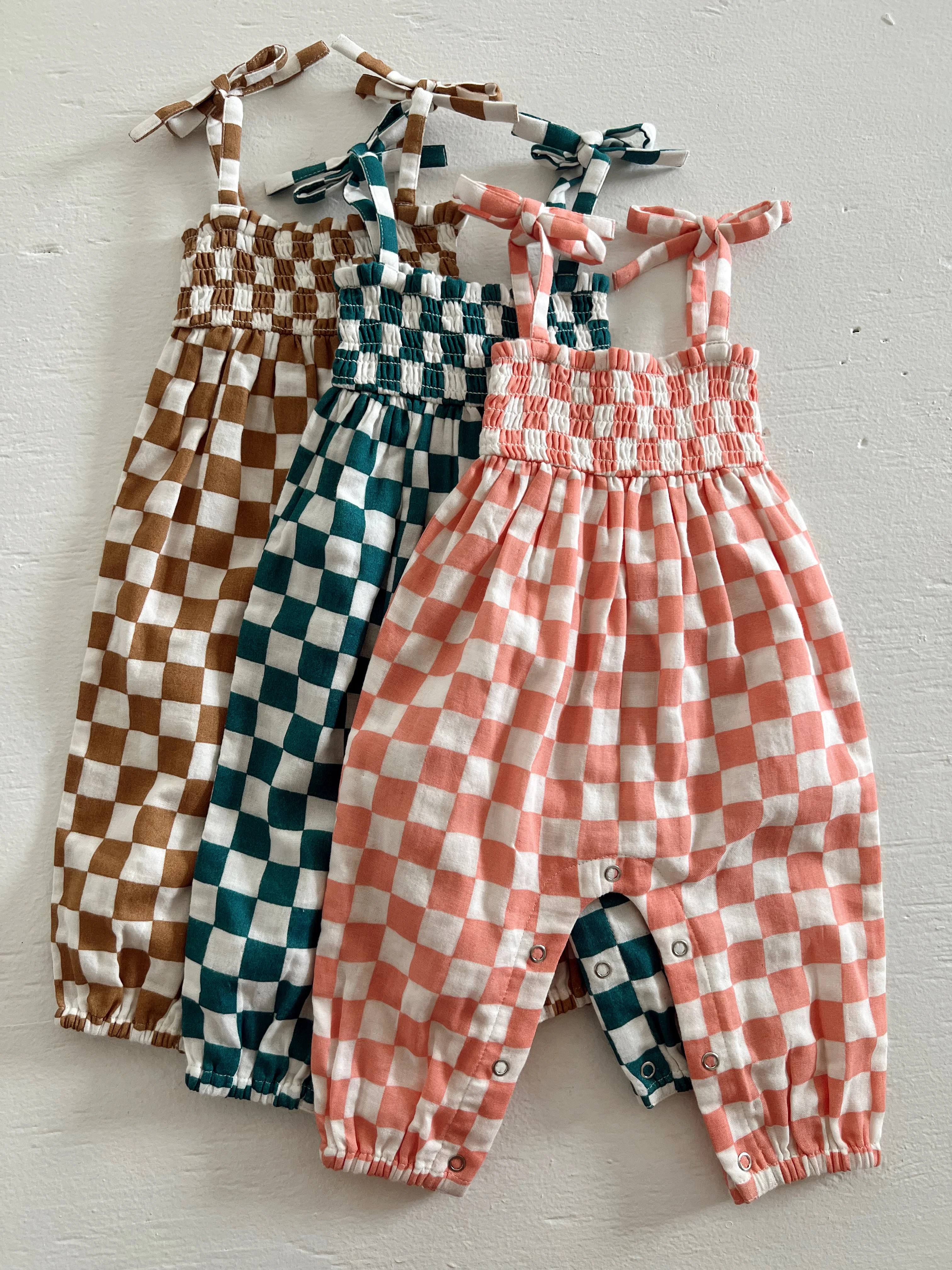 Pacific Checkerboard / Organic Smocked Jumpsuit | SpearmintLOVE