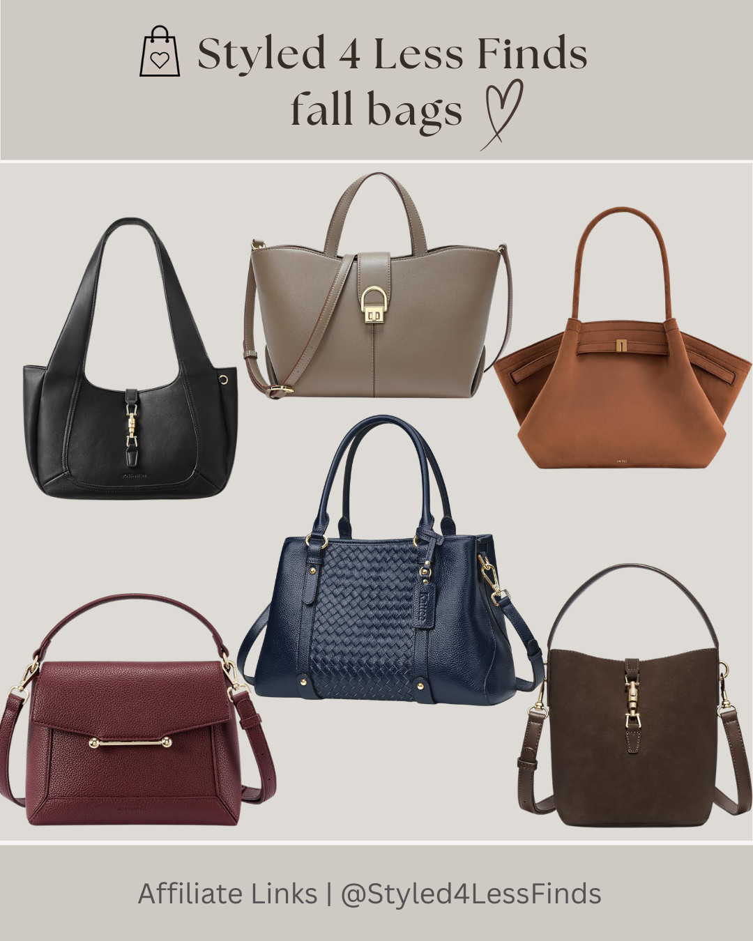 🍂 The best fall handbags are here! 👜🤎

Fall is all about rich, timeless shades—and these handbags are giving me all the autumn vibes! From classic black and taupe to warm cognac, deep burgundy, navy and chocolate brown, there’s a style for every fall outfit. 🍁

Style tip: Let your handbag be the finishing touch that pulls your whole look together. For an elevated, effortless look, choose a structured bag in a rich neutral or autumn-inspired shade—it instantly makes even a simple jeans-and-sweater outfit look more polished. ✨ 

 #LTKcanada #LTKfall #LTKbag