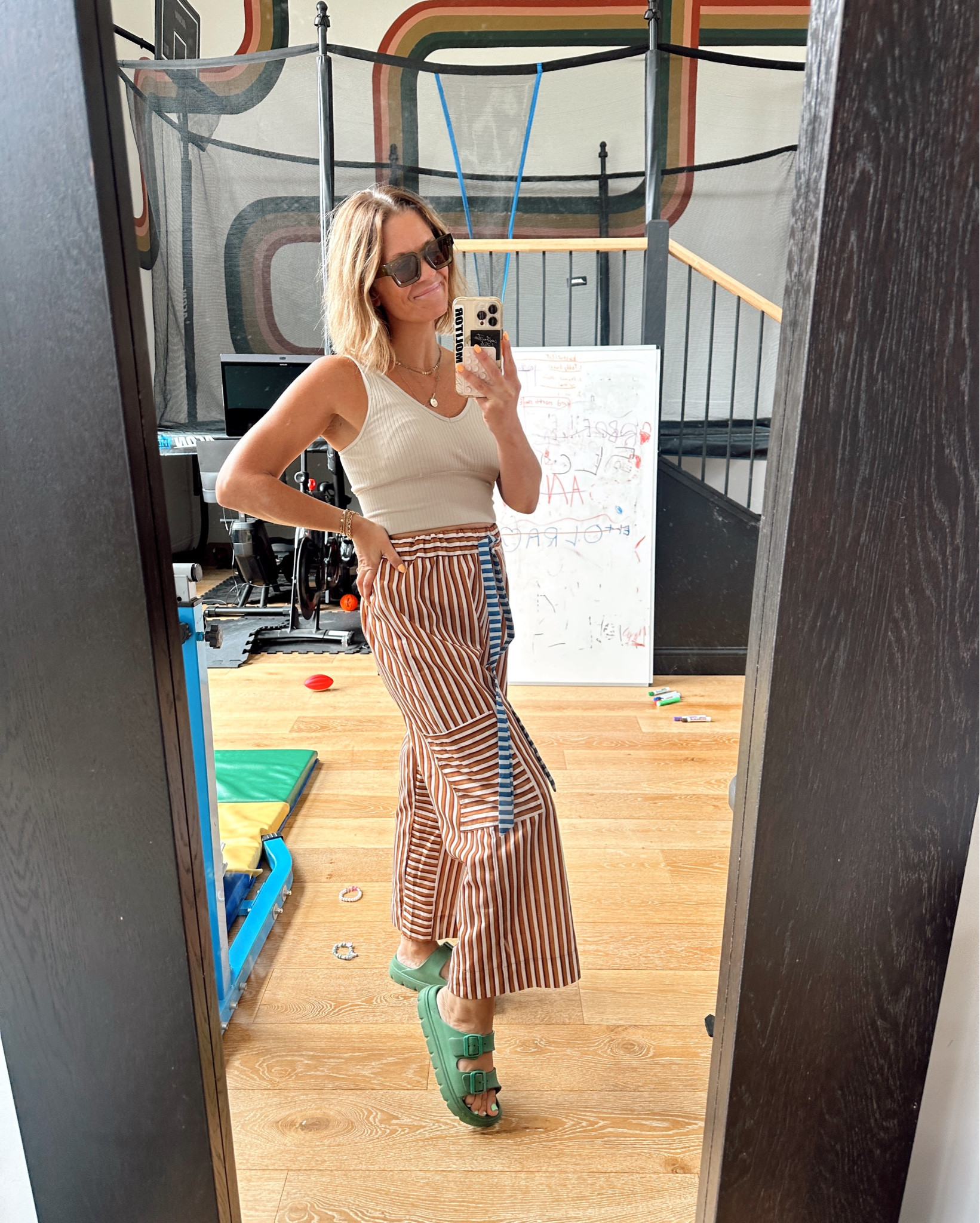 Anthro inspired always. Errand kind of day. Go-to sandals. Built in bra crop tank - comes in a 4 pack. And these pants are straight Anthropologie dupe for less, looks the same. 

#LTKFindsUnder100 #LTKStyleTip #LTKOver40