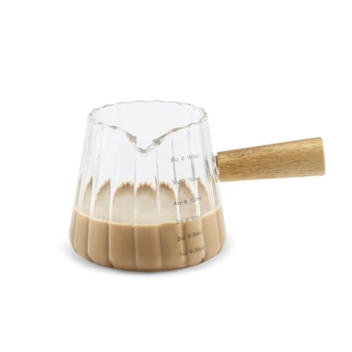 Denovin Glass Measuring Cup, 6oz Creamer Pitcher with Wood Handle, Creative Milk Frothing Pitcher Creamer Shot Glass (Transparent) | Amazon (US)