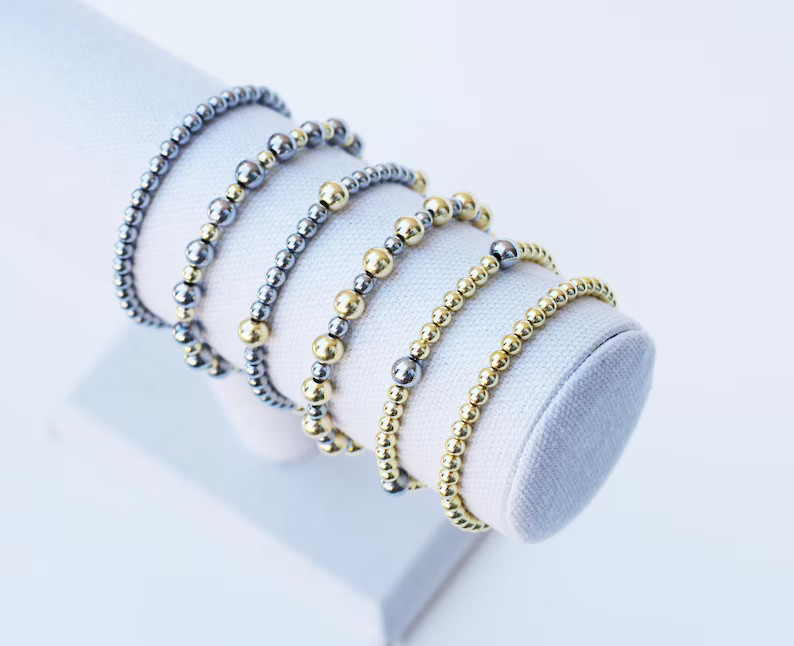 Mixed Metal Stacking Bracelets | Gold and Silver Bead Bracelet | Beaded Bracelets | Gold Bead Bra... | Etsy (US)