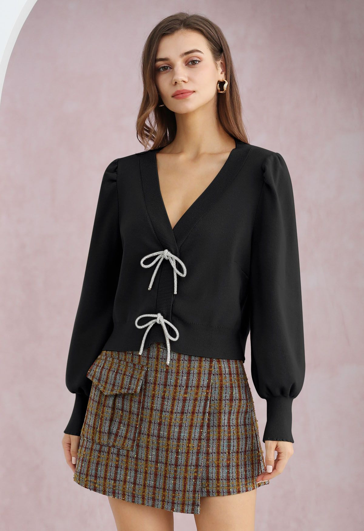 Sparkling Bowknot Buttoned Lantern Sleeve Knit Cardigan in Black | Chicwish