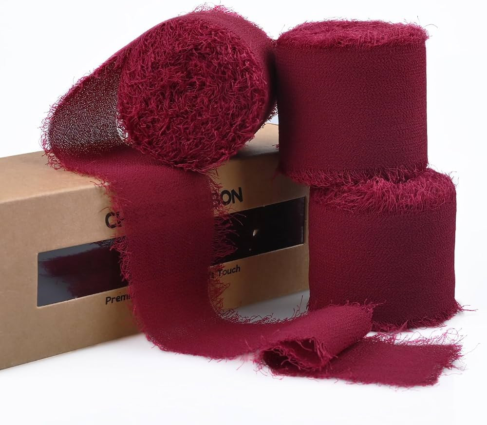 3 Rolls Wine Red Handmade Fringe Chiffon Ribbon 1.5" x 7Yd Yard Silk-Like Ribbon Colorful Rustic ... | Amazon (US)