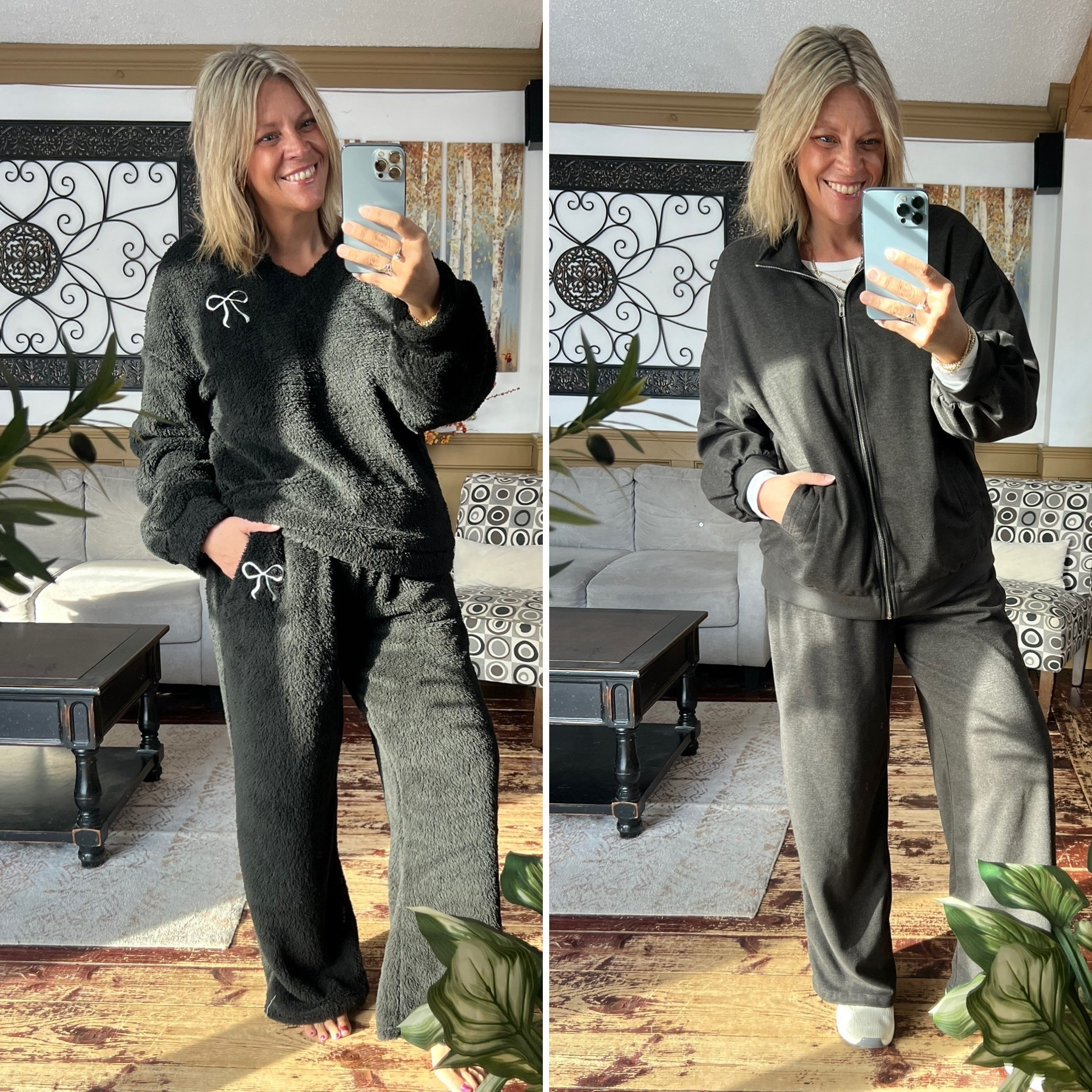 Use code NICOLE20 to save: Matching sets- wearing size xl in both- could have sized down to large in fuzzy bow set 

#LTKSaleAlert #LTKMidsize #LTKOver40