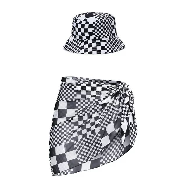No Boundaries Women's Check Bucket Hat and Sarong Set, 2-Piece Black | Walmart (US)