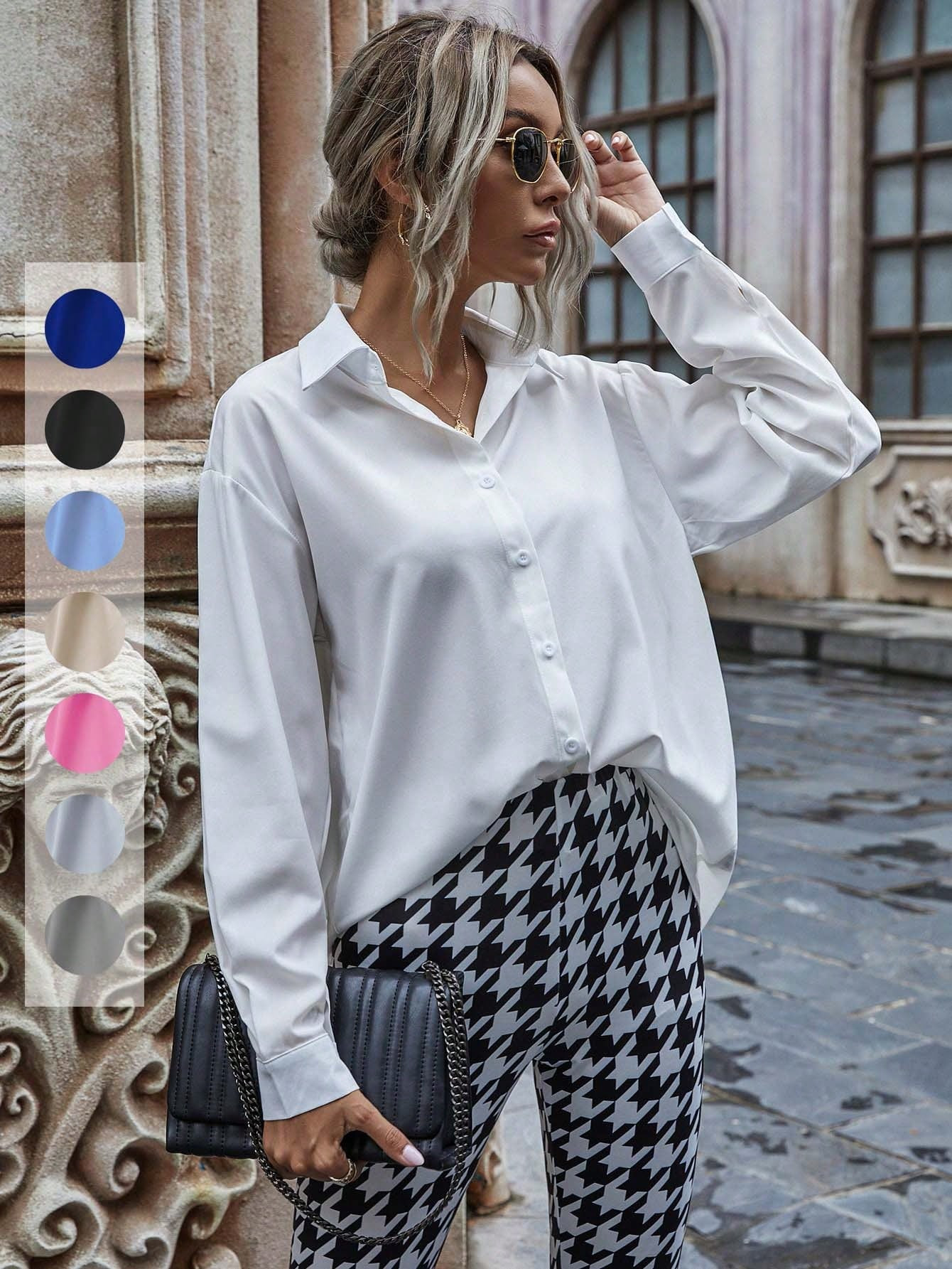 SHEIN LUNE Casual & Commuting Loose Solid Color Long Sleeve Shirt | SHEIN