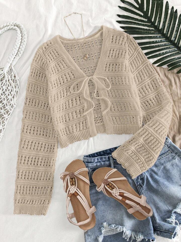 SHEIN VCAY Vacation Solid Color Front Tie Long Sleeve Hollow Out Cardigan For Women | SHEIN