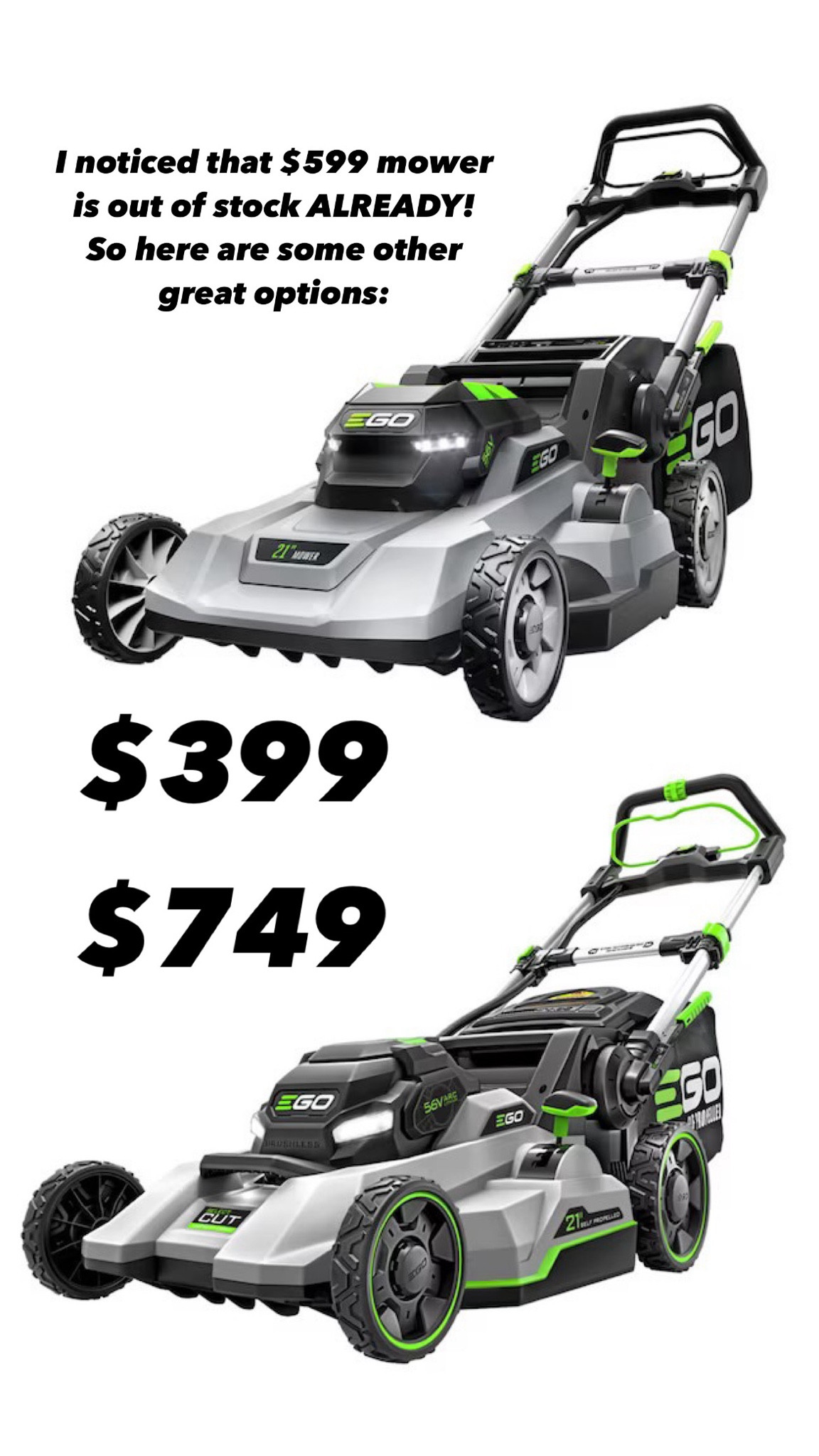 I recently shared some EGO battery powered mower sales that are going on right now and noticed the very popular $599 model is out of stock in my local Lowe’s. So if that is the case for you, here are 2 other great options! 

#LTKlawn #LTKyard #LTKpowertools #LTKpowerequipment #LTKbatterypowered