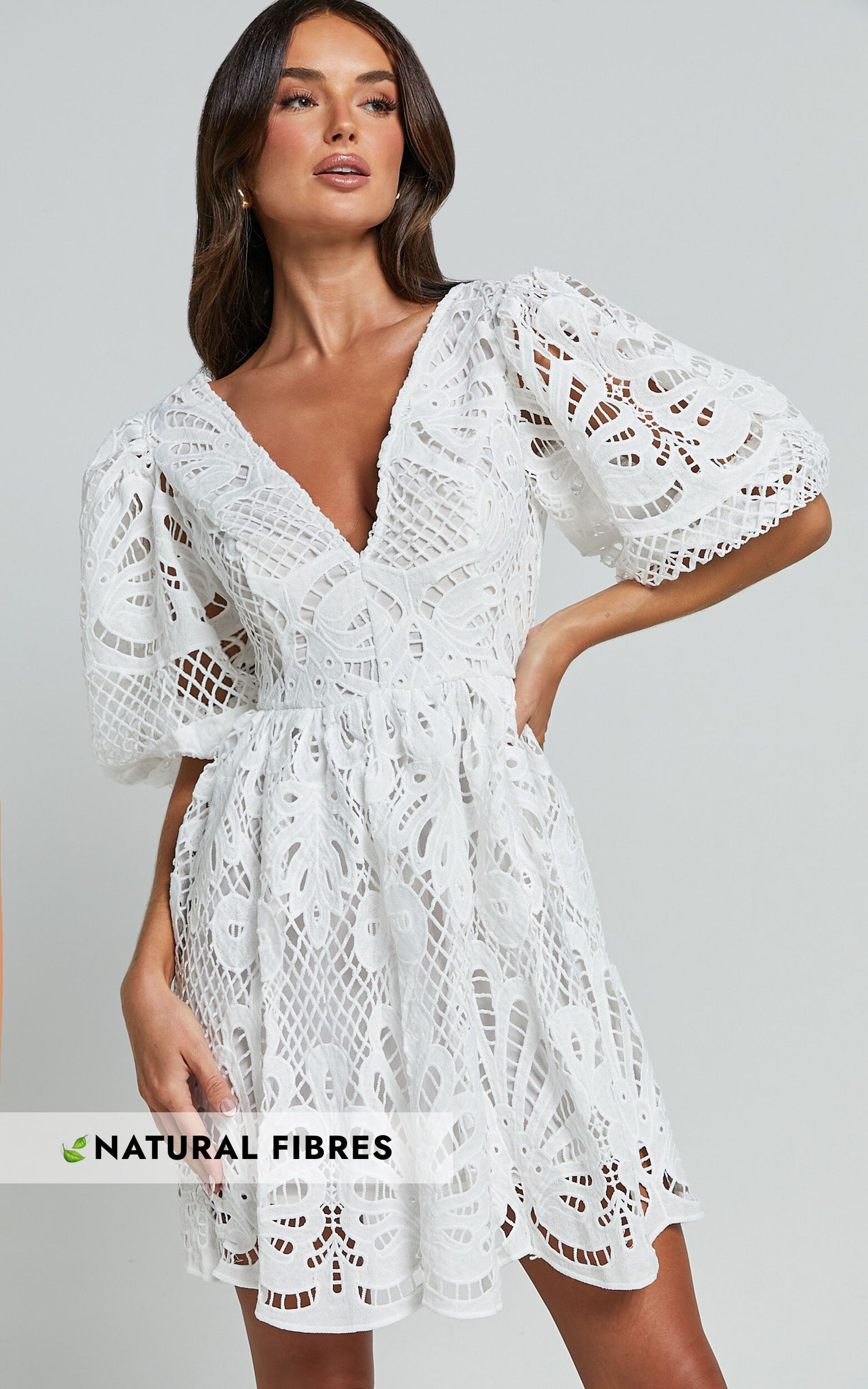 Janith Mini Dress - Lace Plunge Short Puff Sleeve A Line Dress in White Lace | Showpo (US, UK & Europe)