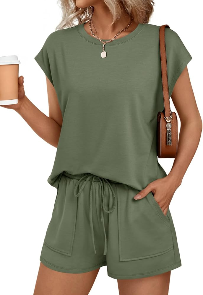 AUTOMET Womens Crew Neck Two Piece Short Sets Cap Sleeve Drawstring Summer Sweatsuit with Pocket | Amazon (US)