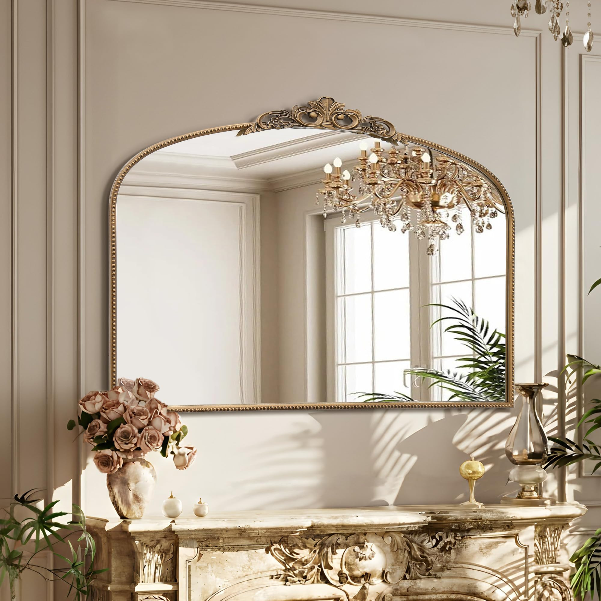 Micasso Large Vintage Gold Mirror: 48"x33" French Baroque Antique Arched Mirror - Traditional Ornate Decorative for Wall/Fireplace/Mantel/Entryway/Bathroom/Hallway - Home Decor for Living Room | Amazon (US)