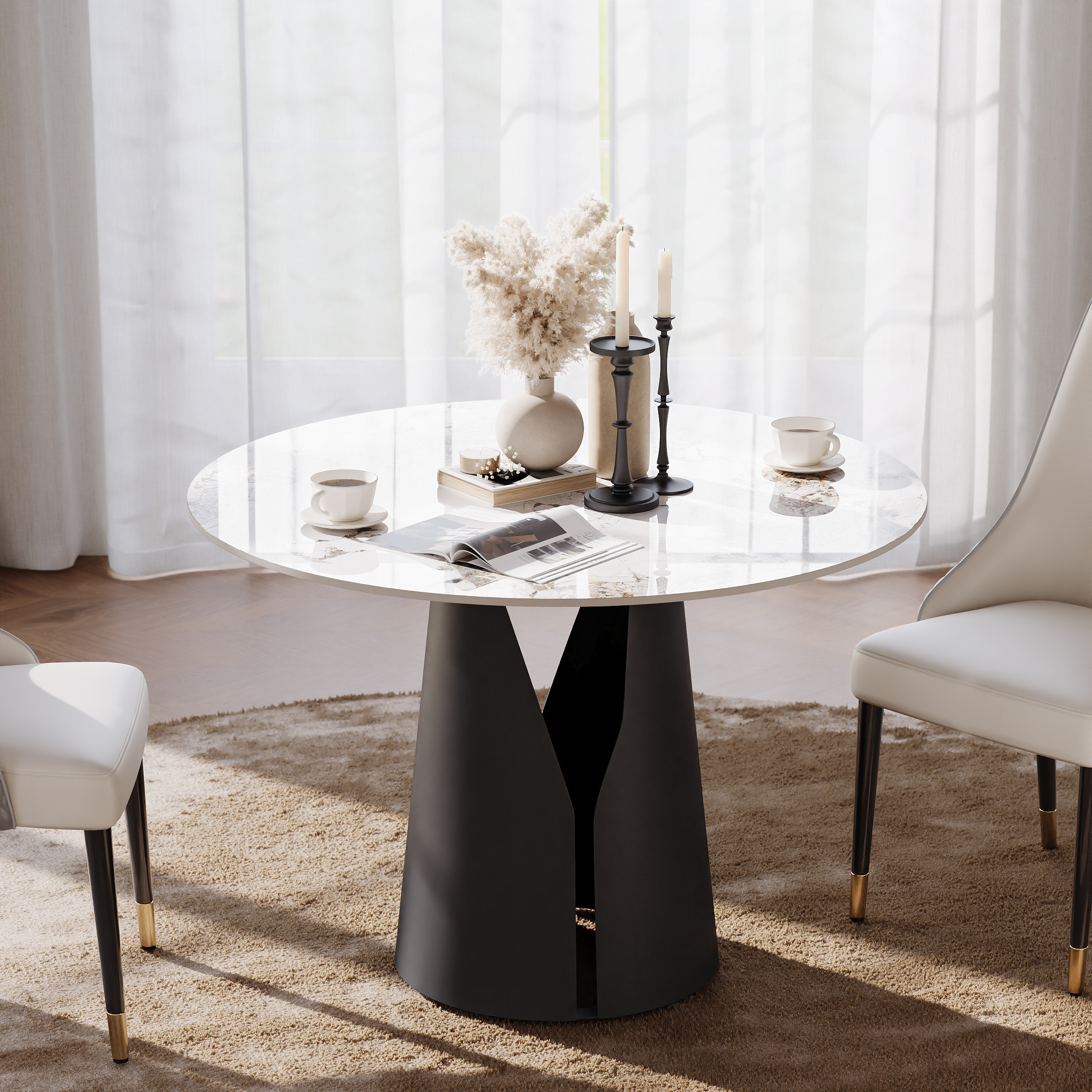 39"" Faux Marble Round Dining Table with Carbon Steel Base for 4 People | Homary