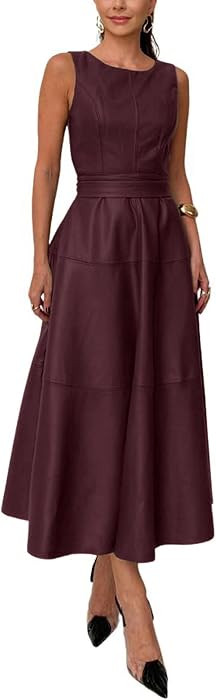 CHARTOU Women PU Faux Leather Sleeveless Elegant Flowy Long Dress Party Night Out Dress with Belt | Amazon (US)