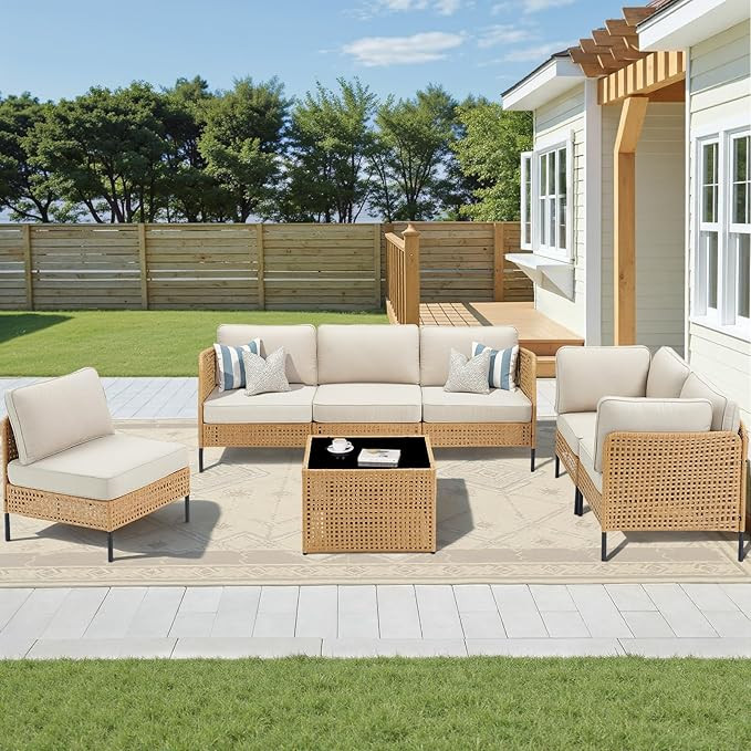 Outdoor Sectional, 7 Pieces All Weather Outdoor Wicker Furniture Set Modular Sofa with Thick Cush... | Amazon (US)