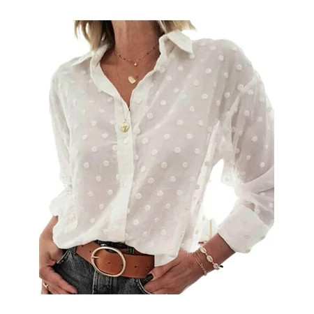 Women Polka Dot Blouse Long Sleeve Button Down Shirt Tops Lapel Blouse Shirt Spring Mesh Sheer Outfits | Walmart (US)