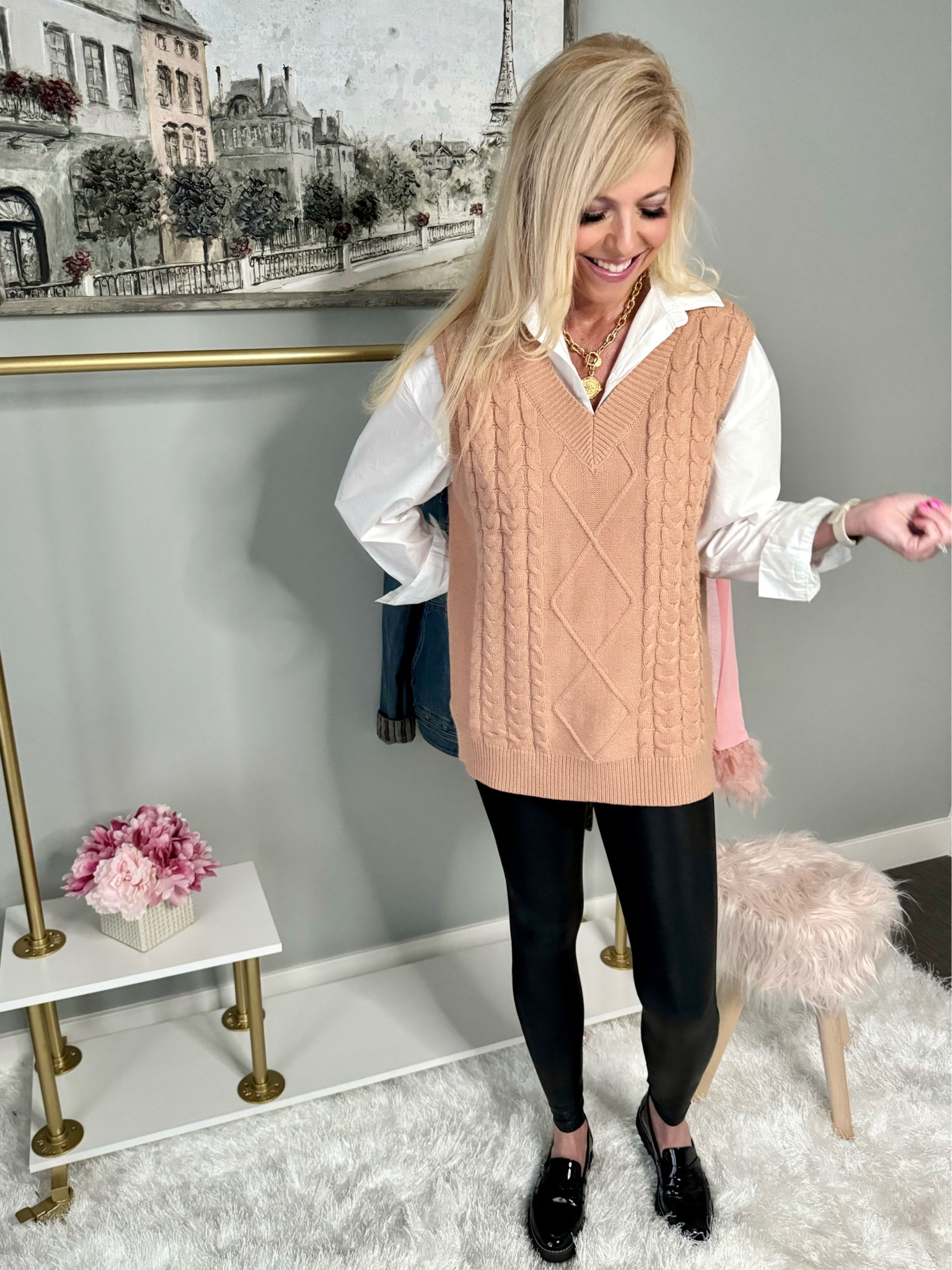 Great casual outfit. Size up 1 in vest. For Spanx leggings code CLOUDNINEXSPANX