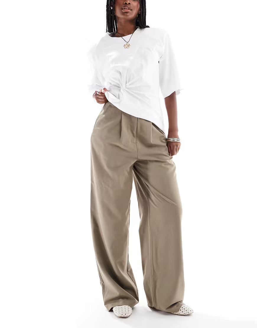 Miss Selfridge tailored wide leg trouser in khaki-Green | ASOS (Global)