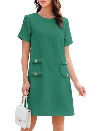 Wenrine Women's Tweed Mini Dress Short Sleeve Crew Neck Work Office Elagant Formal Summer A Line Dresses Green | Amazon (US)