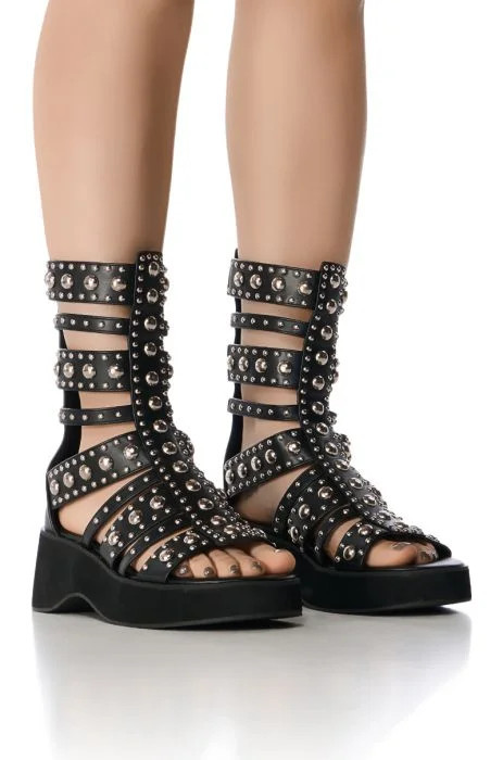 AZALEA WANG LUCIANO SILVER EMBELLISHED GLADIATOR SANDAL IN BLACK | AKIRA