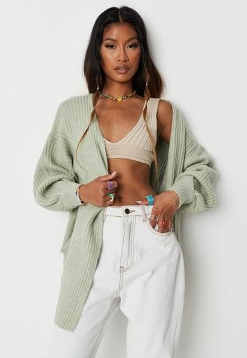 Recycled Petite Sage Tuck Sleeve Knit Cardigan | Missguided (US & CA)
