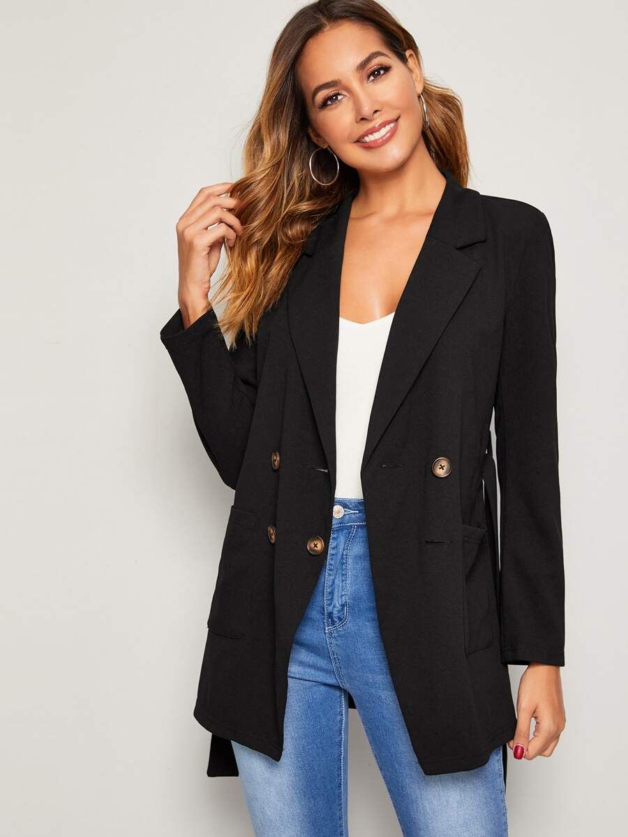 SHEIN Notch Collar Double Breasted Belted Blazer | SHEIN