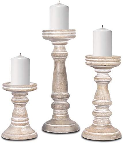 Amazon.com: Hand Crafted Wooden Pillar Candle Holders, Set of 3 - Rustic Candle Holders for Livin... | Amazon (US)