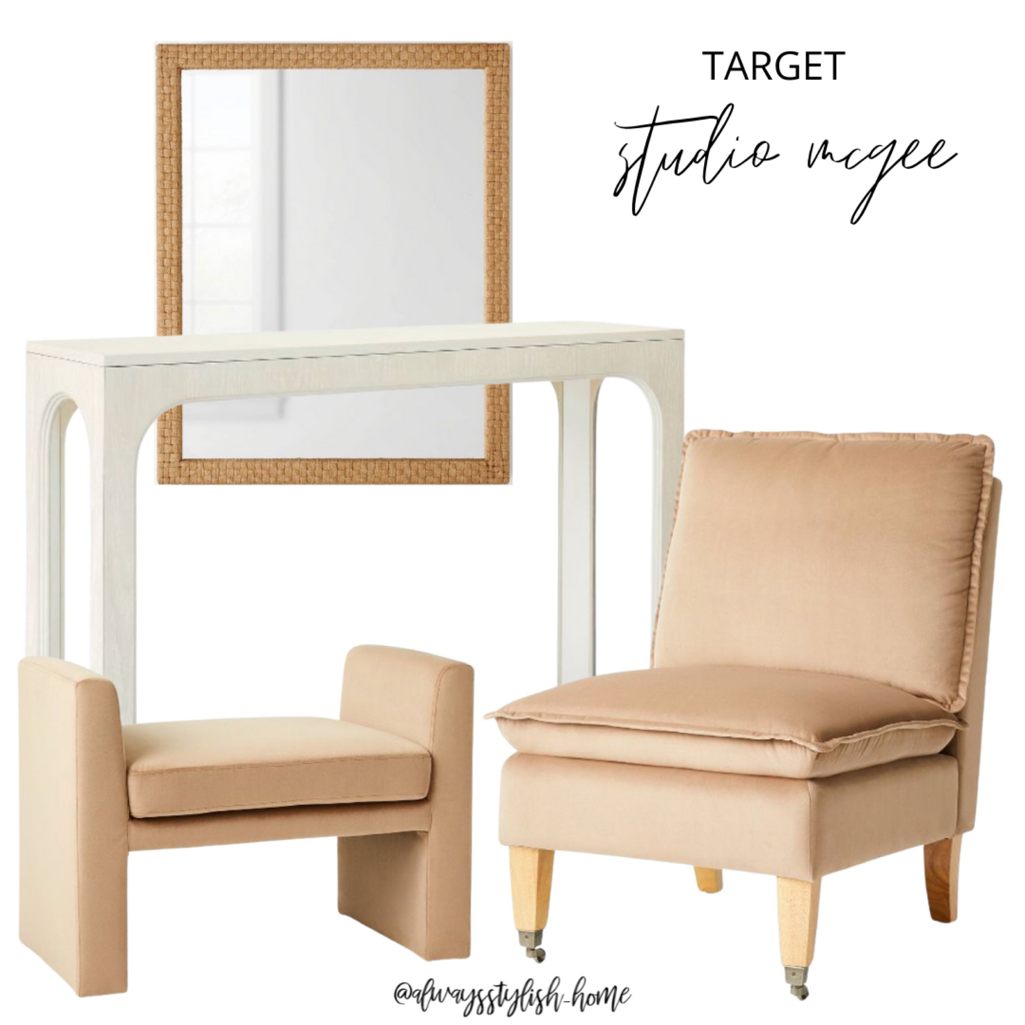 New target x studio McGee! Vernon ottoman light brown velvet, tablets pillow top slipper chair with casters, woven check wall mirror, gray console table, 

#LTKFind #LTKhome