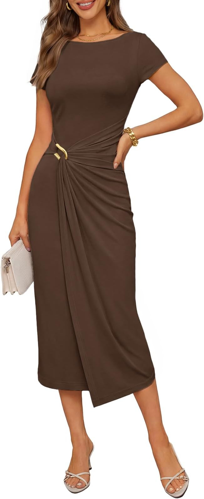 MEROKEETY Womens Summer Formal Short Sleeve Bodycon Wrap Midi Dress 2026 | Amazon (US)