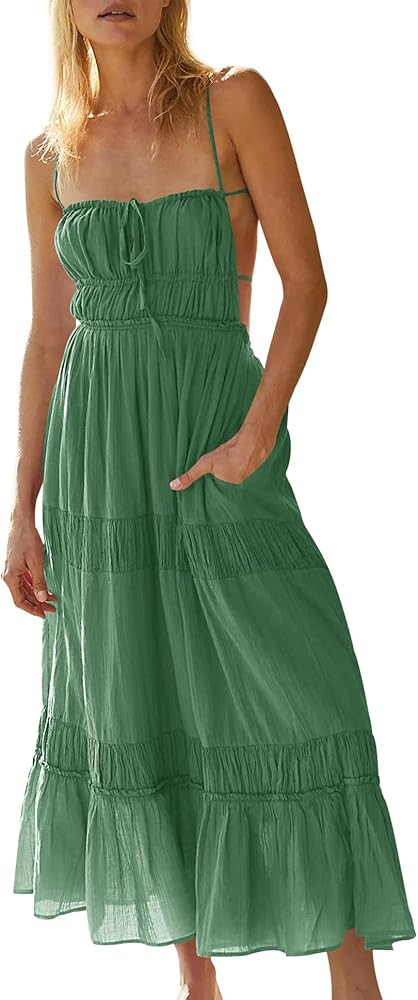 Wenrine Women's Summer Dresses Casual Long Spaghetti Straps Backless Self Tie Tiered Flowy Maxi D... | Amazon (US)