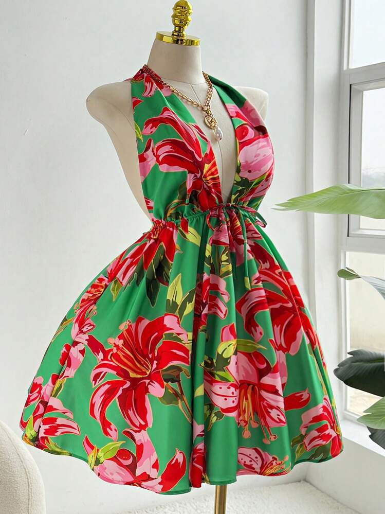 Ceyna Plus Size Halter Print Backless Vacation Dress Mini-Dress | SHEIN