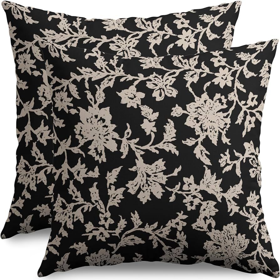 sorfbliss Vintage Floral Block Print Pillow Covers 18x18 Set of 2 Black Brown Cream Flower Patter... | Amazon (US)