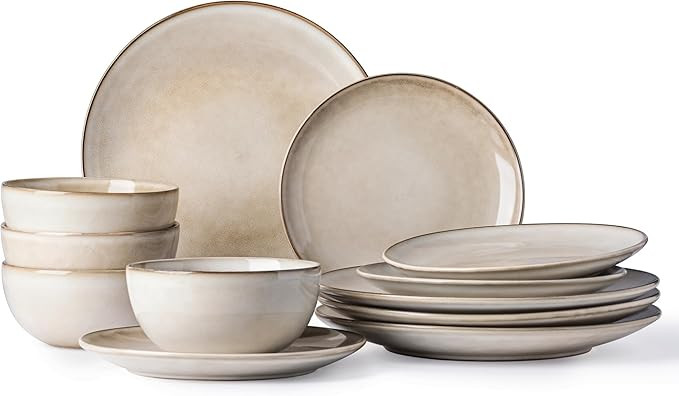 AmorArc Ceramic Dinnerware Sets for 4, 12 Pieces Handpainted Stoneware Plates and Bowls Set, Scra... | Amazon (US)