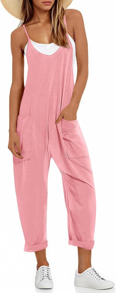 Fisoew Women's Summer Sleeveless Loose Casual V Neck Jumpsuits Spaghetti Strap Long Pants Baggy O... | Amazon (US)