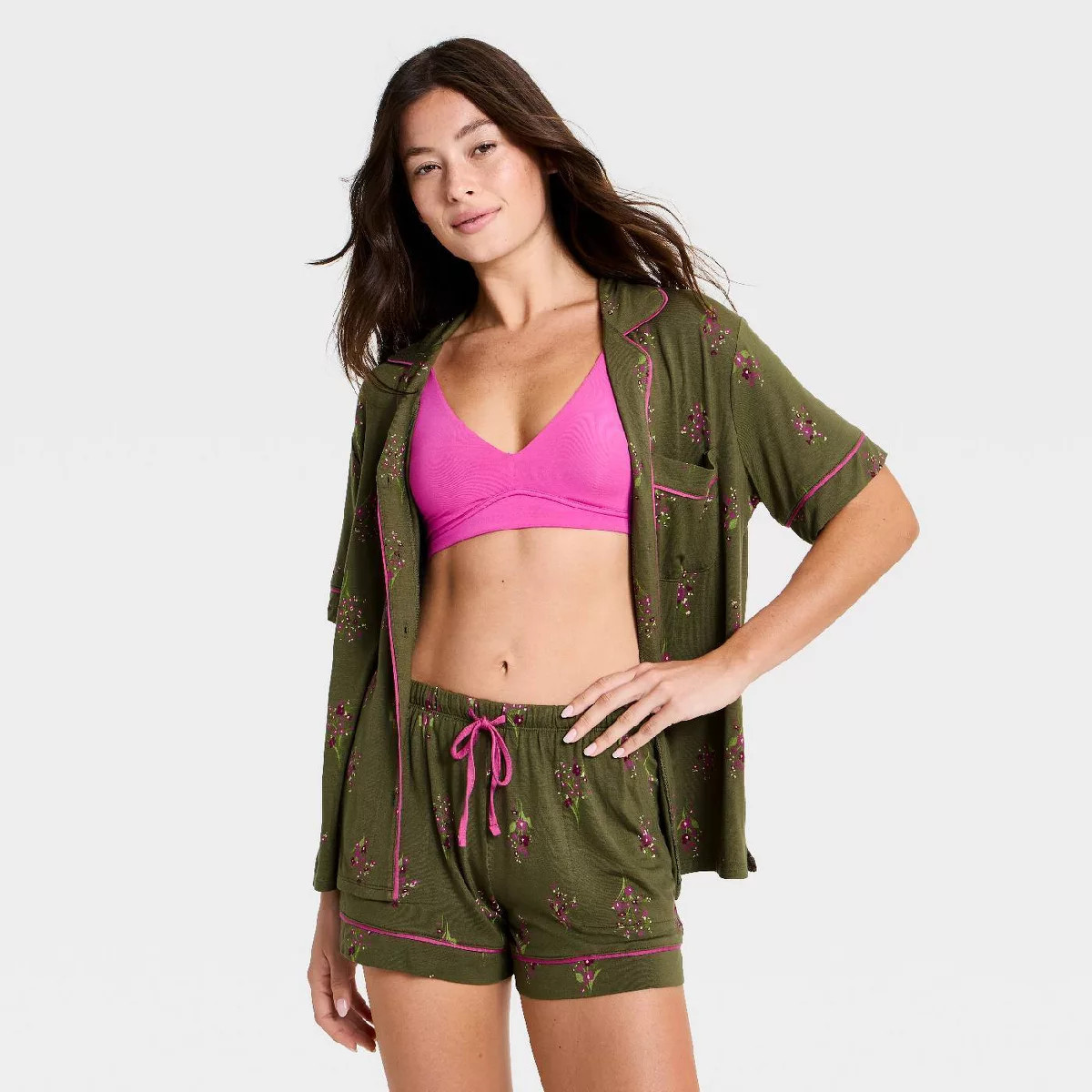Women's Cloud Knit Modal Short Sleeve Notch Collar Top and Shorts Pajama Set - Auden\u2122 Olive ... | Target