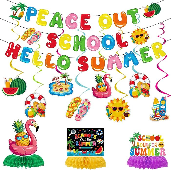 Schools out for Summer Decorations - 14 Pcs Peace out School Hello Summer Banner Hanging Swirls H... | Amazon (US)