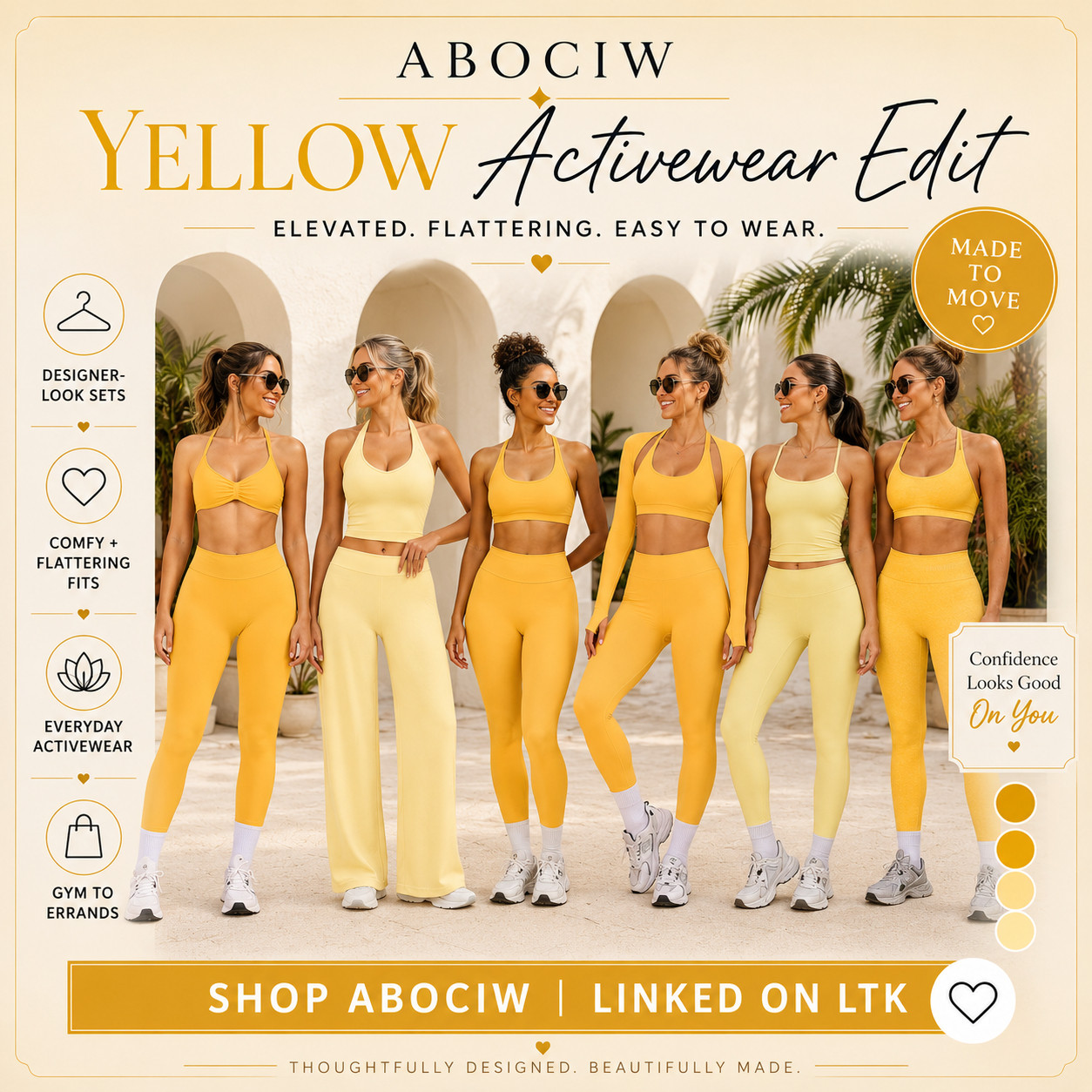 ABOCIW Elevated Athleisure | Sunshine Yellow Edit

The yellow activewear sets that make everyday athleisure feel bright, flattering, and instantly confidence-boosting!!

These ABOCIW activewear looks are perfect when you want something comfortable enough to move in, but cute enough to wear out and still feel put together. 

The yellow color story feels fresh, happy, and summer-ready, while the matching set styling makes each outfit look intentional with almost no effort.

This is the edit to check first for gym days, Pilates, walks, errands, coffee runs, travel days, casual weekends, athleisure outfits, and those “I want to look cute but still be comfortable” moments. 

It solves the activewear problem so well: pieces that feel practical for movement, but still give that flattering, designer-look fit you’ll actually want to wear beyond the workout.

I love that these can go from workout to errands to lunch so easily — just add sneakers, a tote, sunglasses, a water bottle, or a light layer and the whole look feels done.

I pulled together the yellow ABOCIW styles worth checking first so you can skip the scroll and go straight to the sets that feel the most wearable, flattering, and easy to rewear.

📌 SAVE this for yellow activewear outfits, gym-to-errands looks, and matching sets that make getting dressed feel effortless.

↓ Everything is linked!

#LTKActive #LTKSaleAlert #LTKTravel