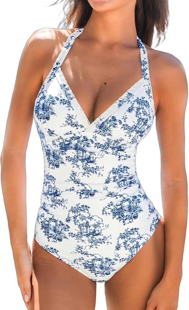 CUPSHE Women's One Piece Swimsuit V Neck Halter Straps Ruched Tummy Back Tie Adjustable Straps Sh... | Amazon (US)