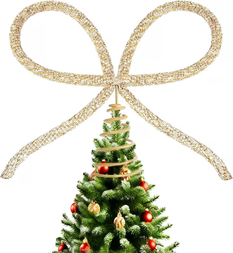Christmas Tree Topper Bow, 10 Inch / 25.4cm Large Metal Bow Tree Topper with Gold Silver Glass Rh... | Amazon (CA)