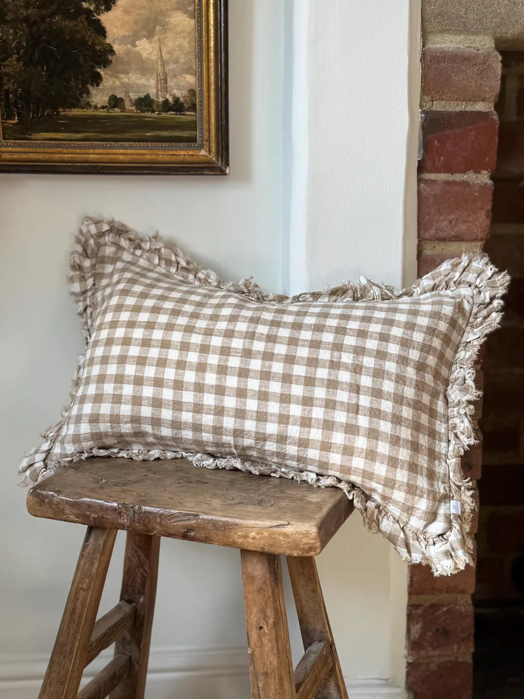 Hallie Light Brown Gingham Cushion 50x30, Ruffle Cushion, 50x30 Cushion Cover - Etsy UK | Etsy (US)