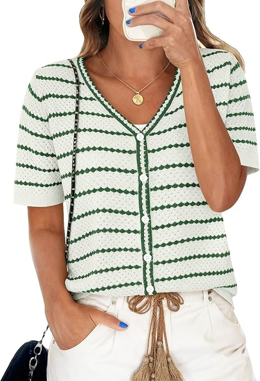 Crochet Tops for Women V Neck Short Sleeve Striped Sweater Summer Button Shirts Knit Casual Blous... | Amazon (US)