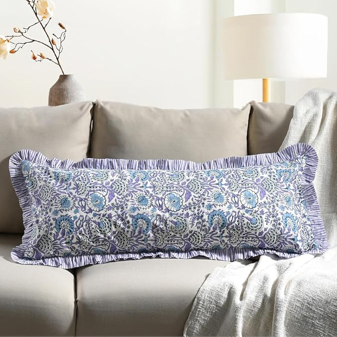 CPC Aqua Blue 100% Cotton Block Print Ruffle Sham Cover 14x36 inch, Handmade Boho Floral Pillowca... | Amazon (US)